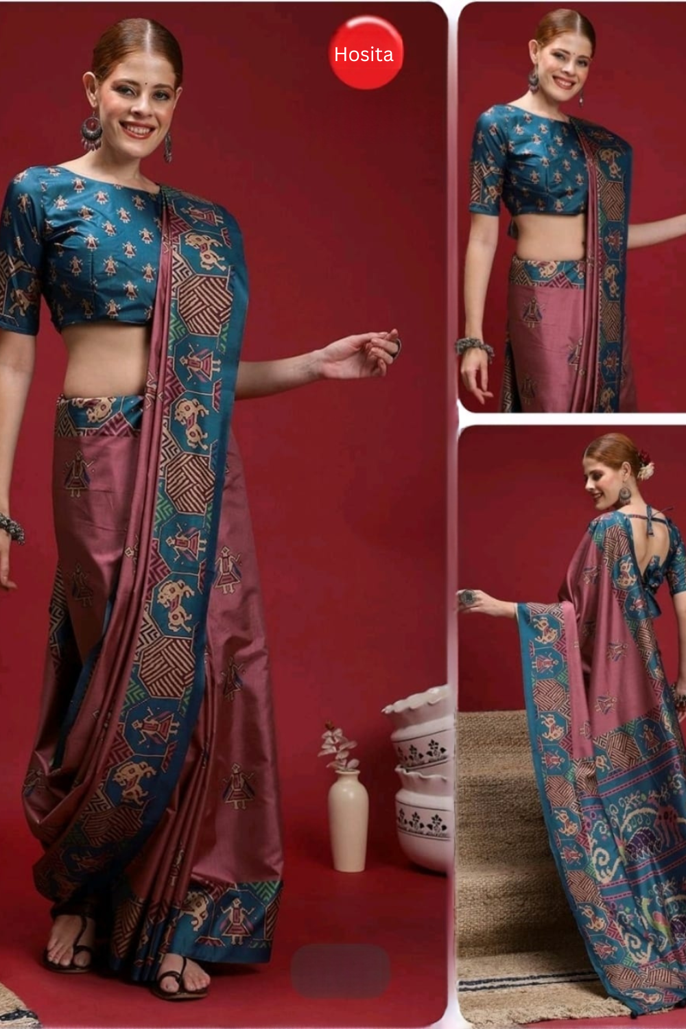 Vastrikaara Blue Magenta Elegant printed Silk Saree