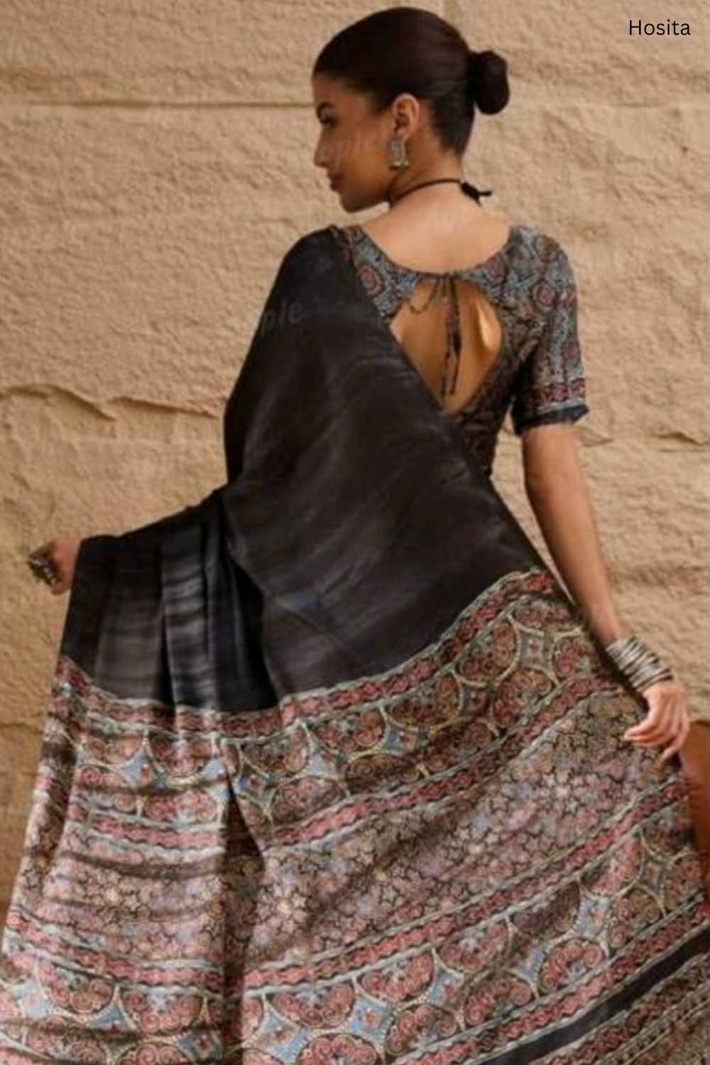 Prism Black Ajrak Sartin Printed Saree