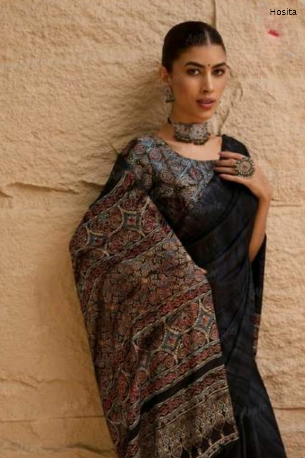 Prism Black Ajrak Sartin Printed Saree