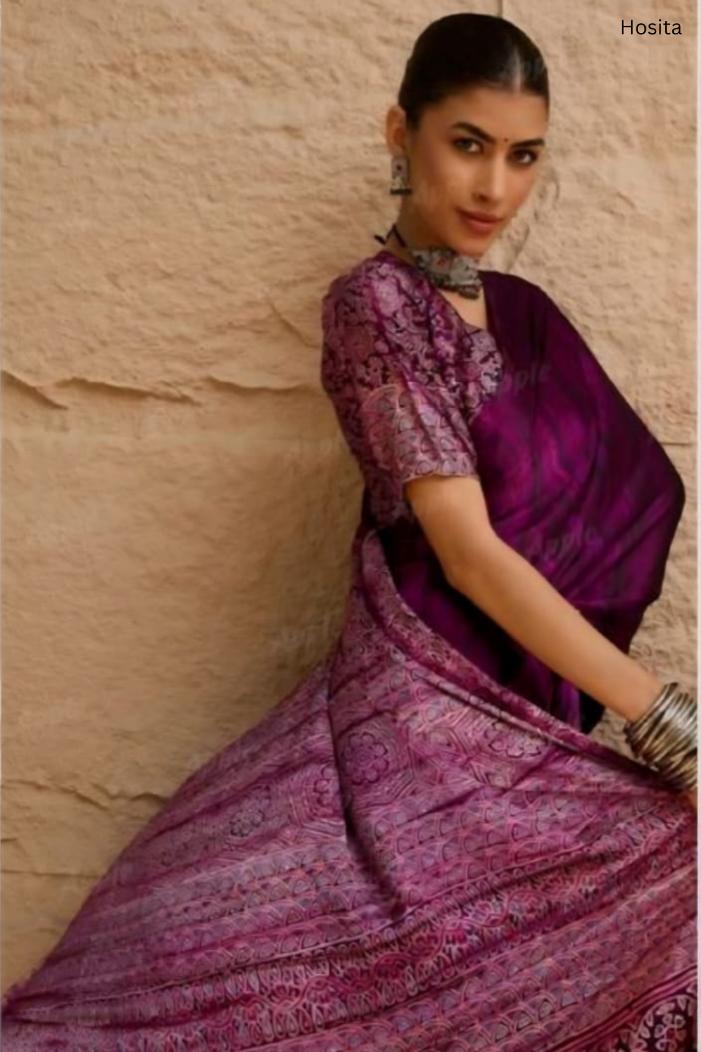 Prism Violet Ajrak Sartin Printed Saree