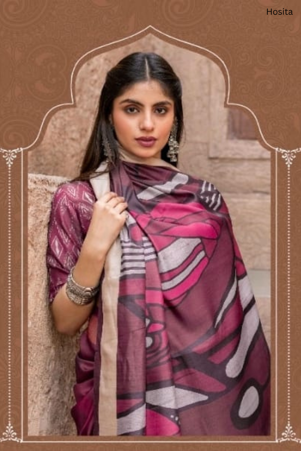 Chitralekha Magenta Tussar Satin printed Saree