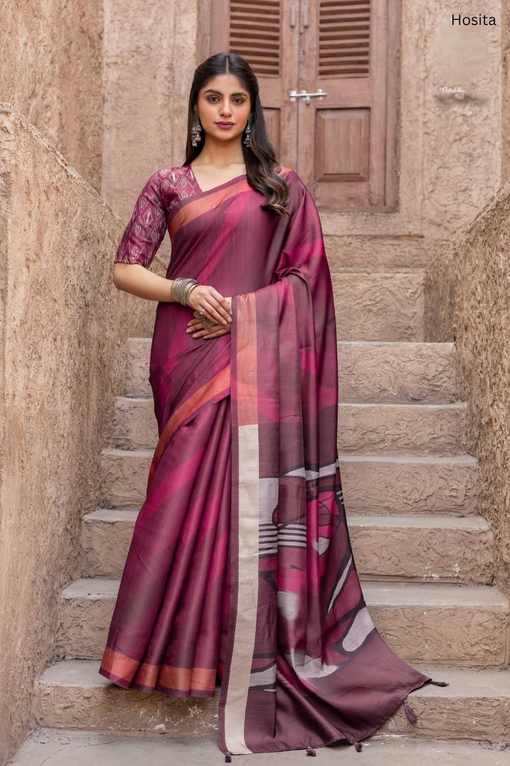Chitralekha Magenta Tussar Satin printed Saree