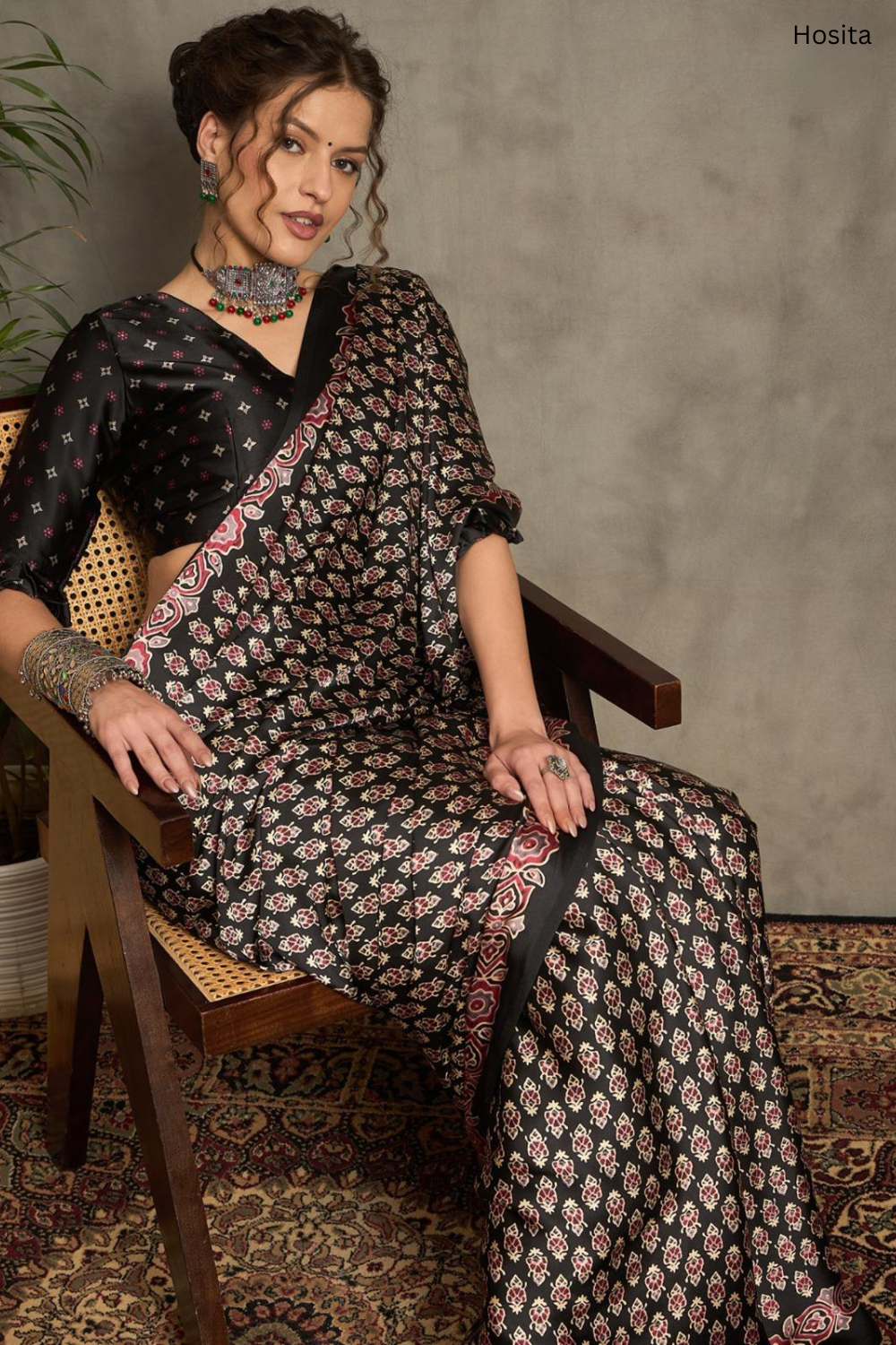 Noor E Ajrak Black with Maegnta print Silk saree