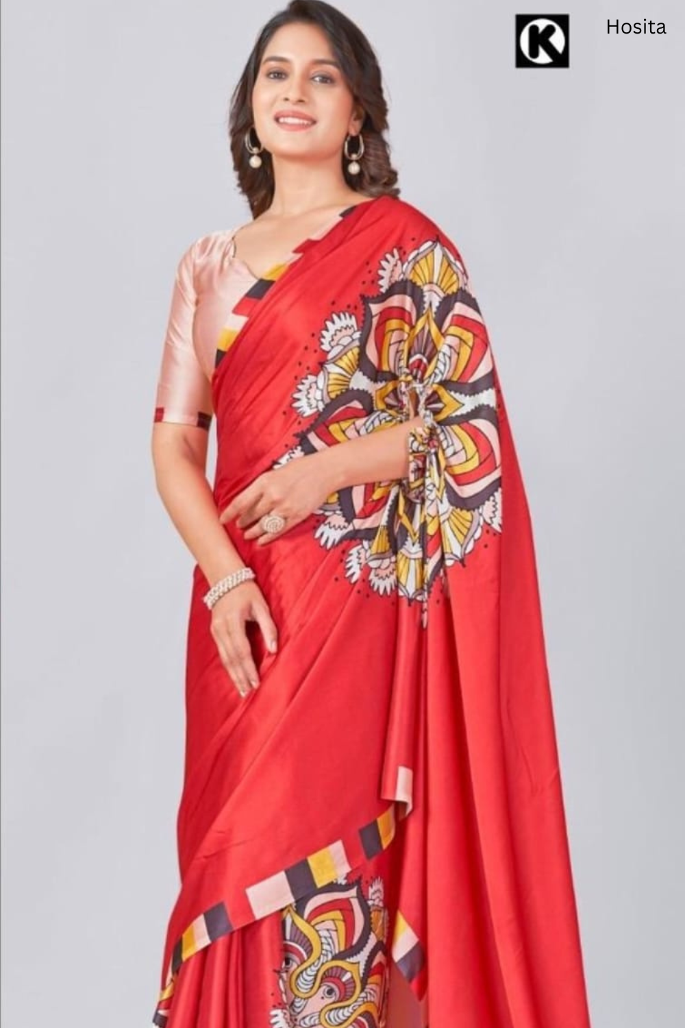 Vastrikaara Classic Red Mandalaa Print Freehand Designer Saree