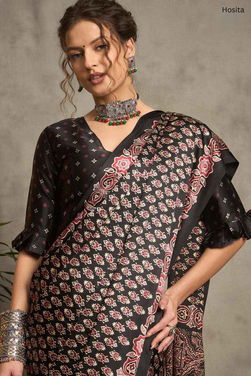Noor E Ajrak Black with Maegnta print Silk saree