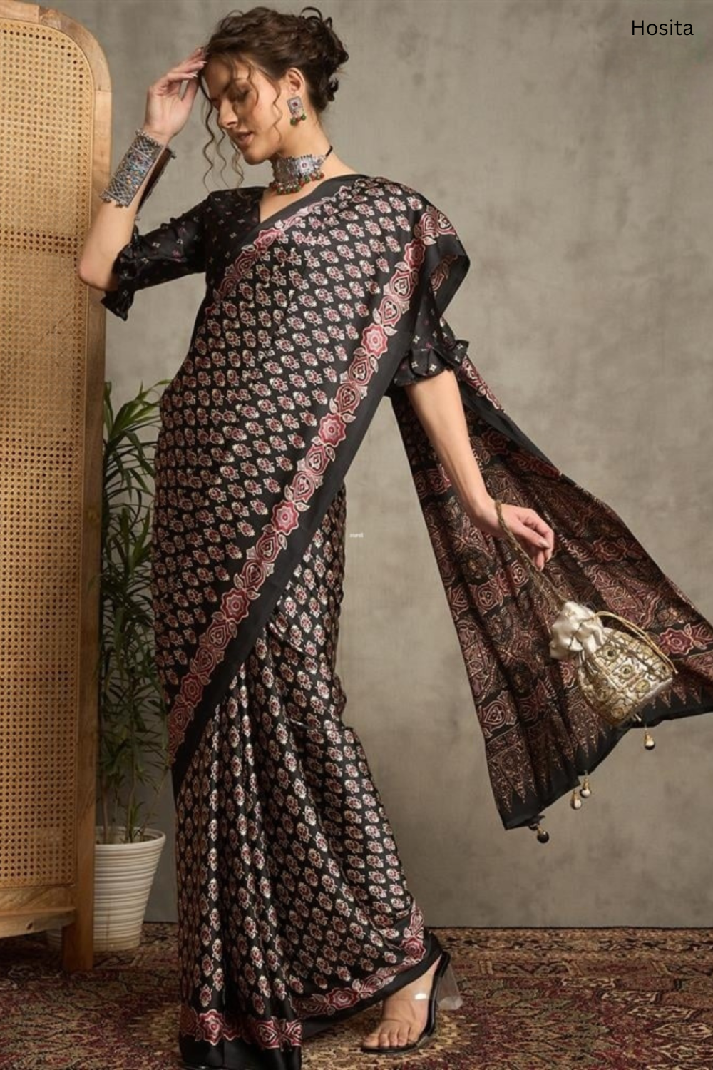 Noor E Ajrak Black with Maegnta print Silk saree