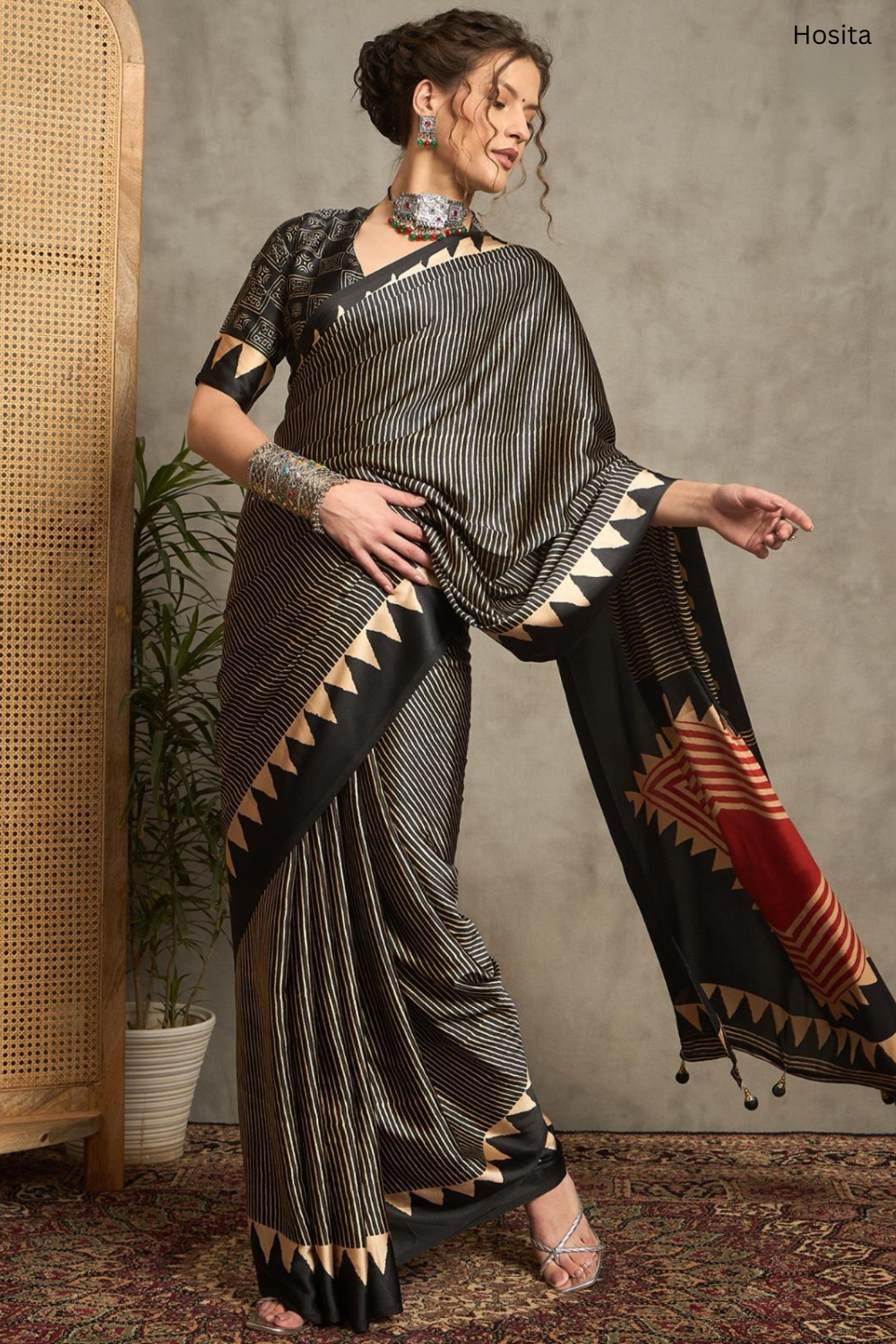 Noor E Ajrak Black Printed Gali Silk saree