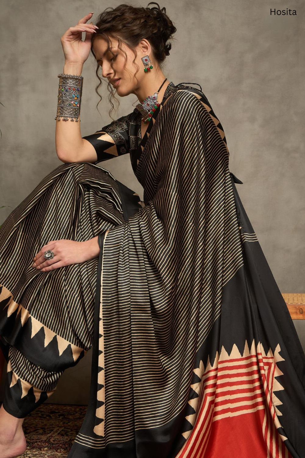 Noor E Ajrak Black Printed Gali Silk saree