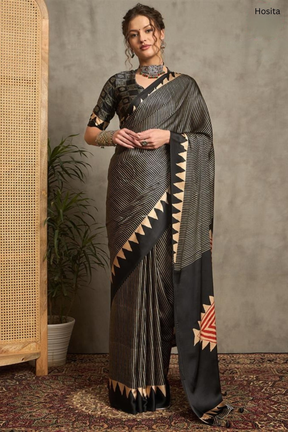 Noor E Ajrak Black Printed Gali Silk saree