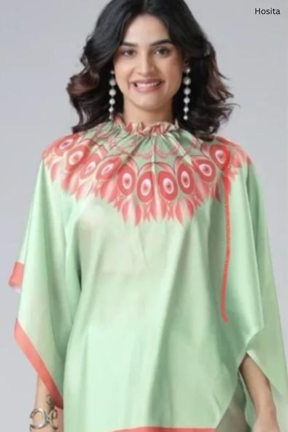 Vastrikaara Parrot Green with Orange Print Freehand Pattern Saree