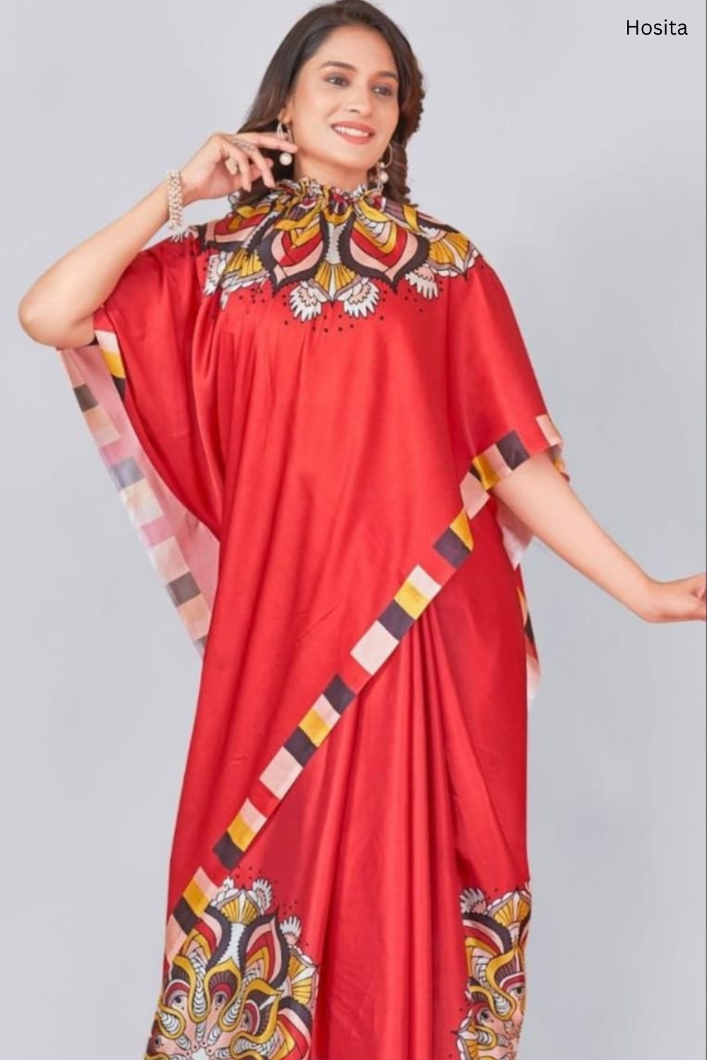 Vastrikaara Classic Red Mandalaa Print Freehand Designer Saree