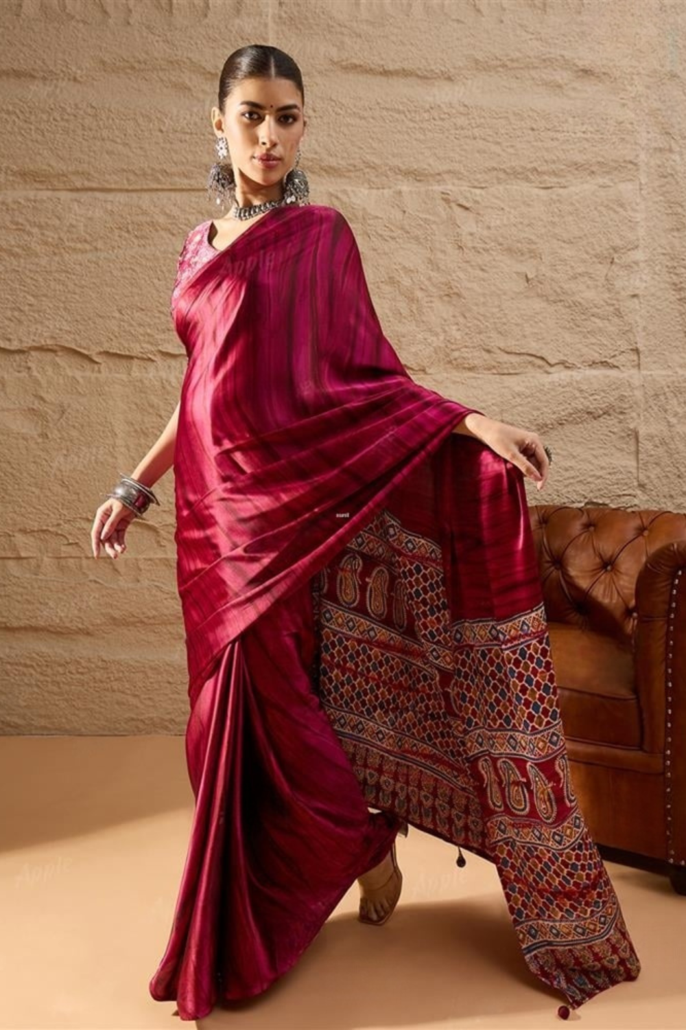 Prism Magenta Ajrak Printed Saree