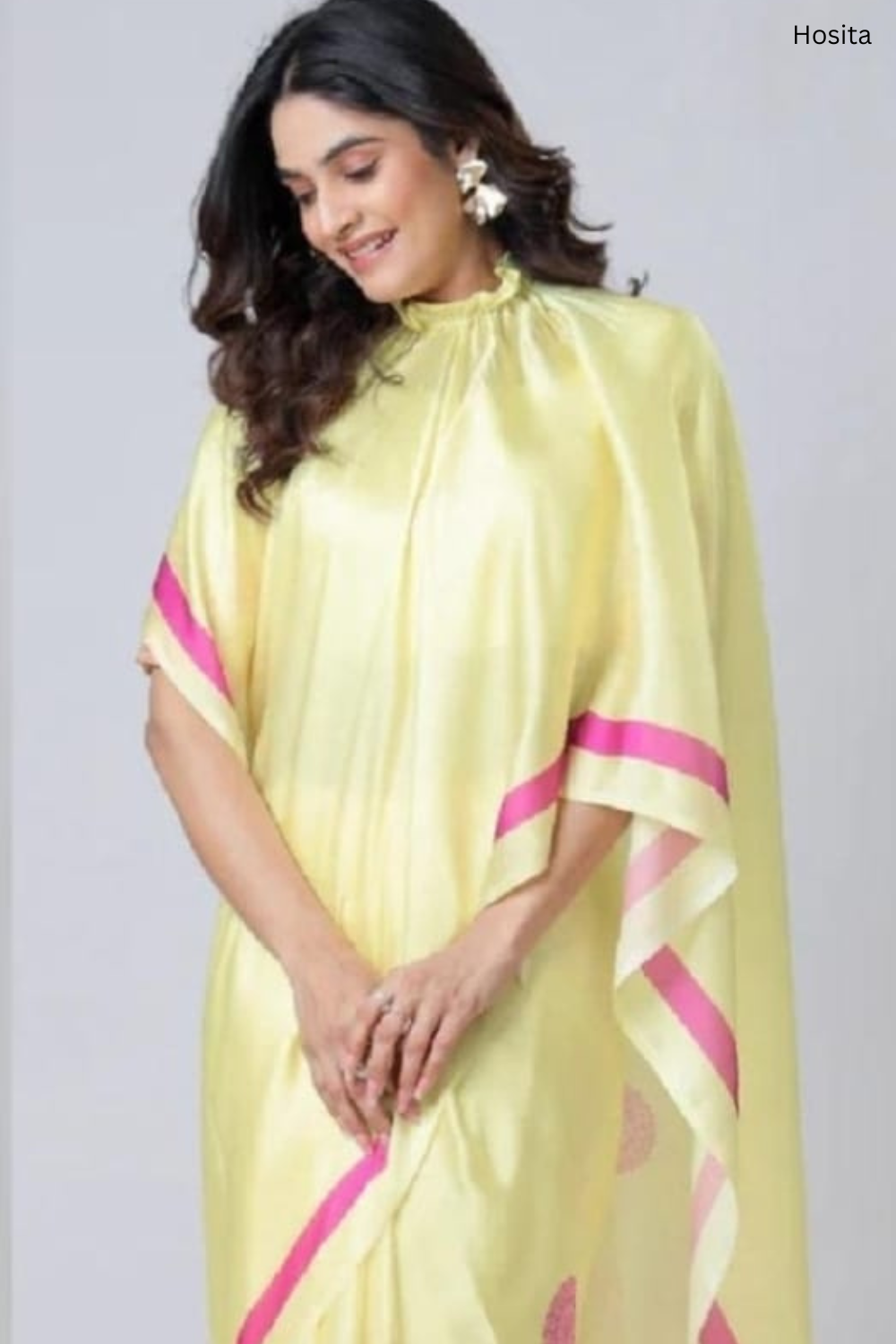 Vastrikaara Lemon Yellow with magenta Line Handsfree Designer Saree