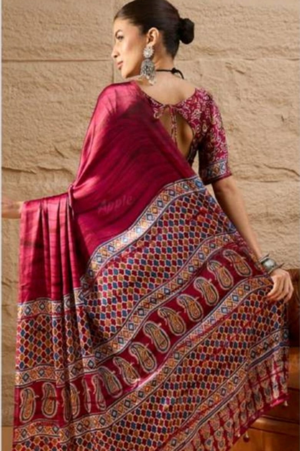 Prism Magenta Ajrak Printed Saree