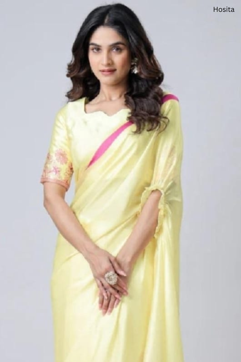 Vastrikaara Lemon Yellow with magenta Line Handsfree Designer Saree