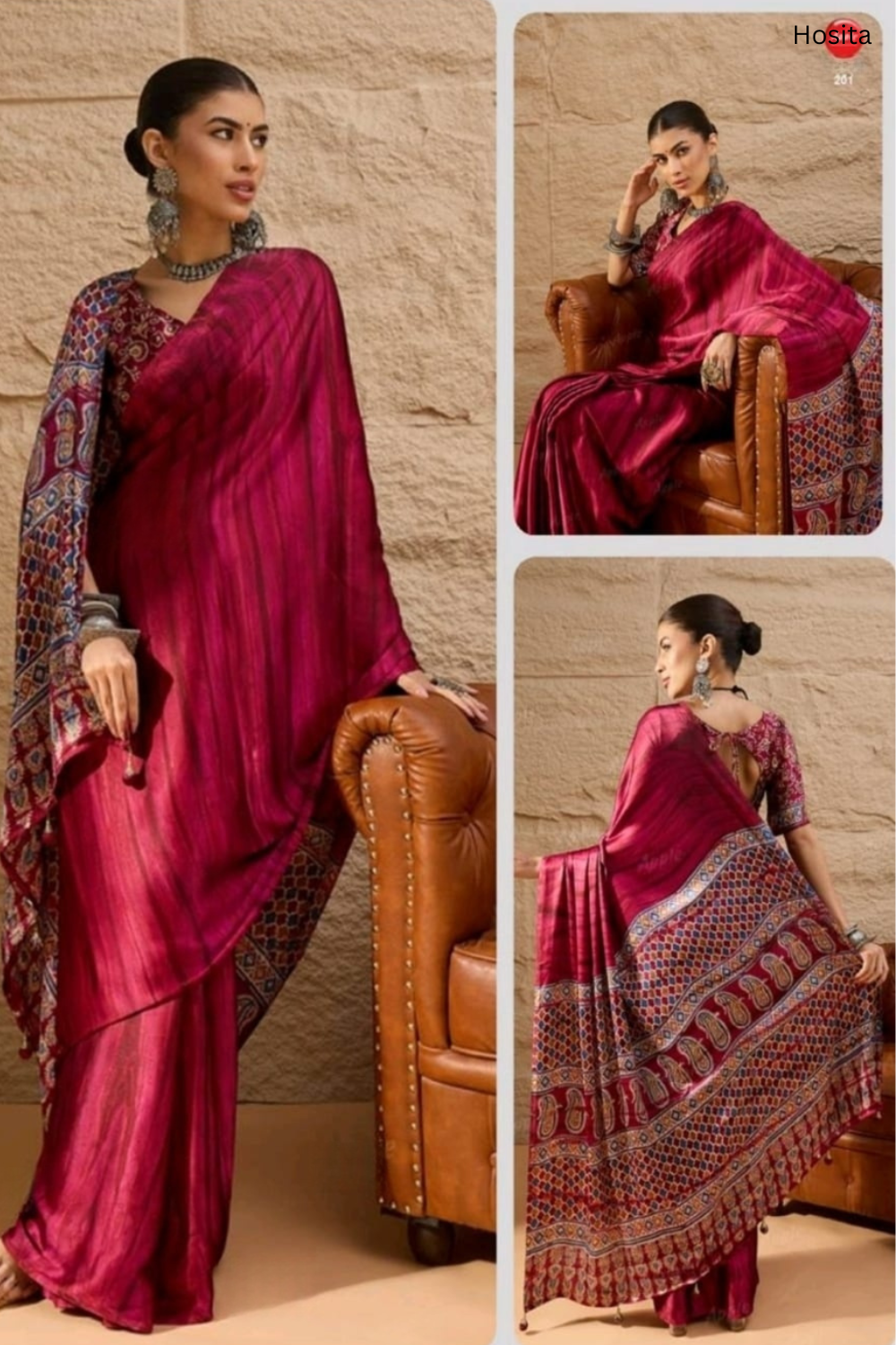 Prism Magenta Ajrak Printed Saree