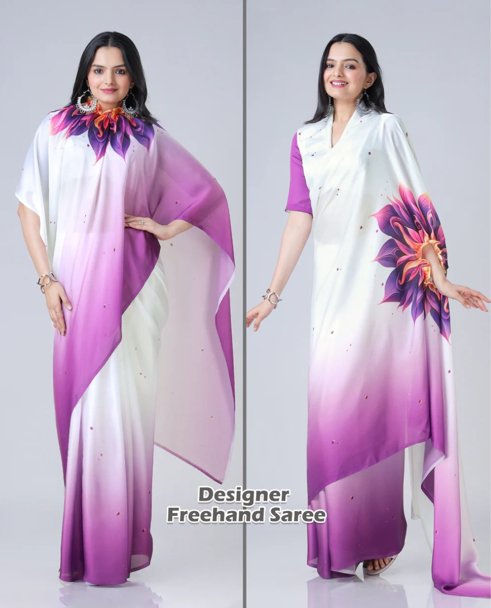 Vastrikaara Violet Touch WoW Floral Ombre Freehand Designer Saree