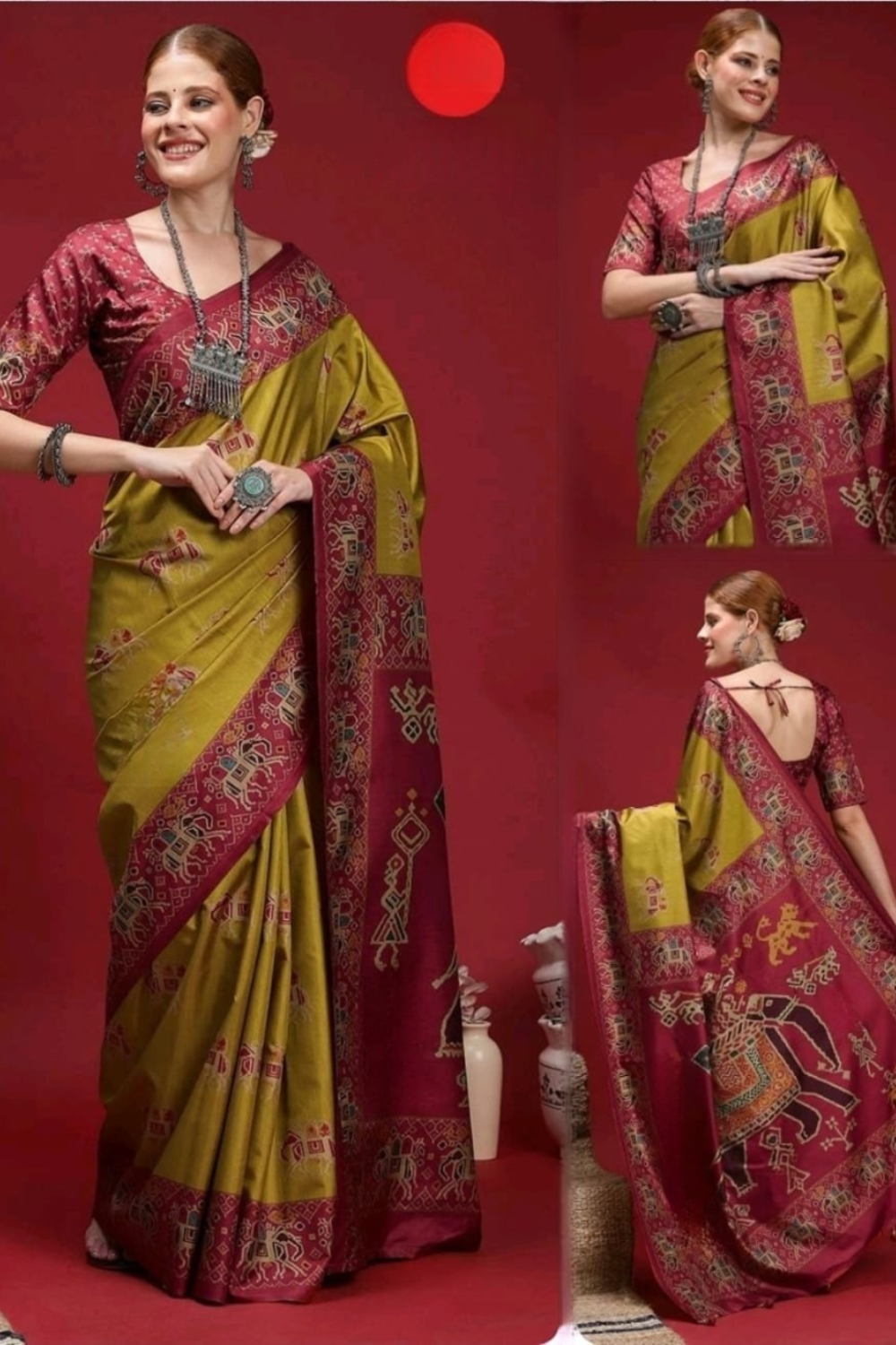 Vastrikaara Magenta Yellow printed Silk Saree
