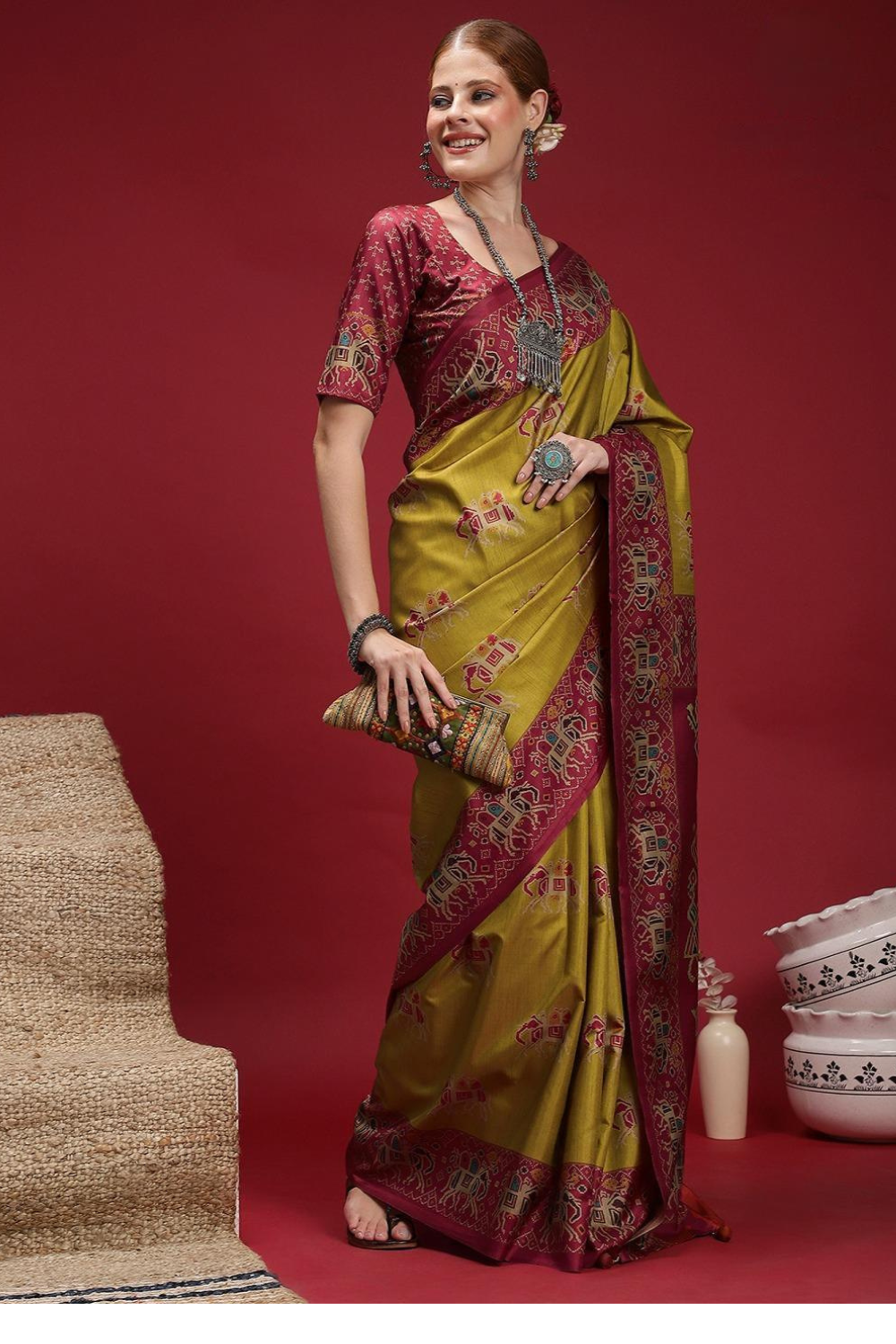 Vastrikaara Magenta Yellow printed Silk Saree