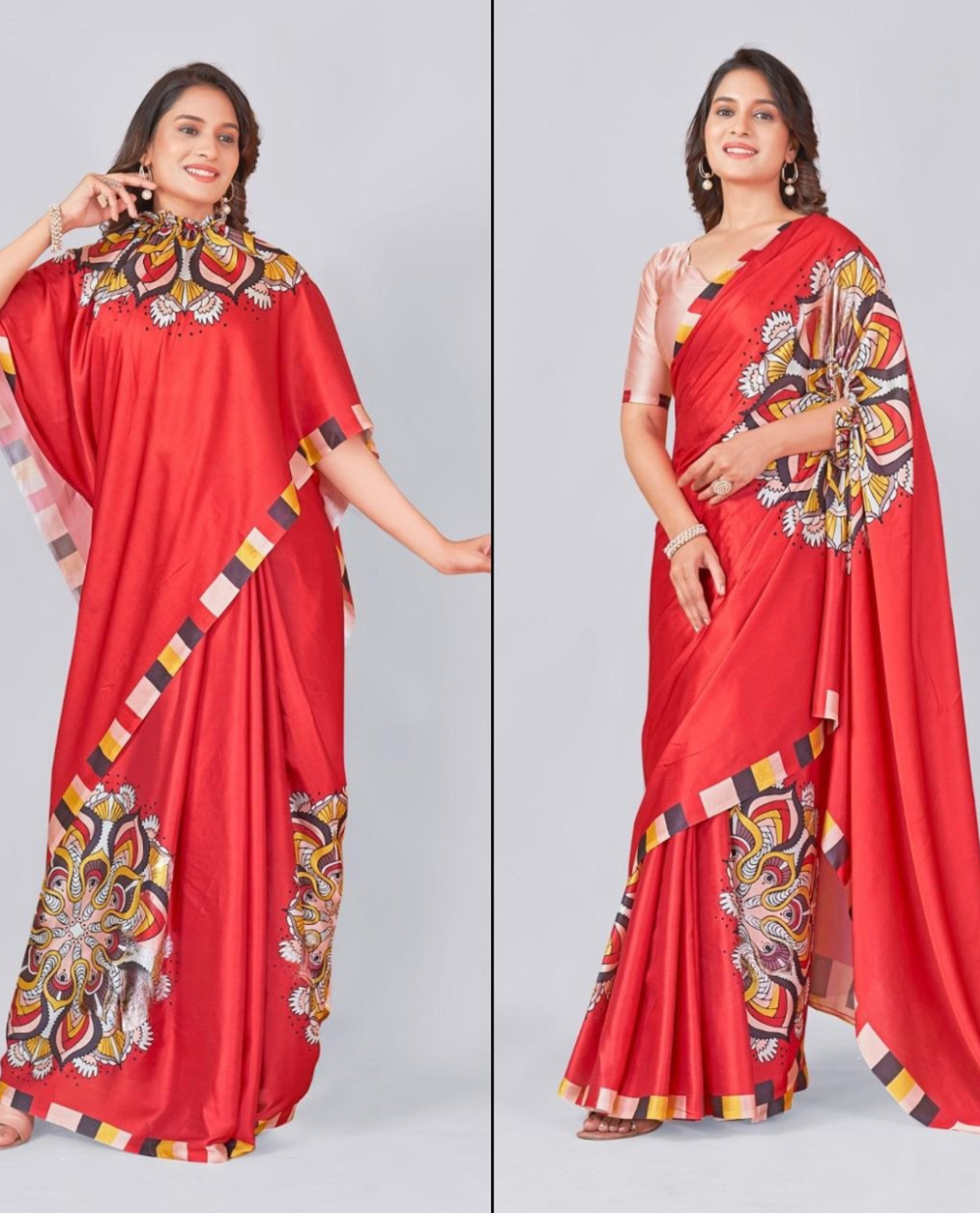 Vastrikaara Classic Red Mandalaa Print Freehand Designer Saree