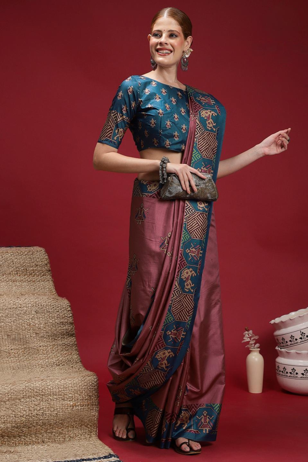 Vastrikaara Blue Magenta Elegant printed Silk Saree