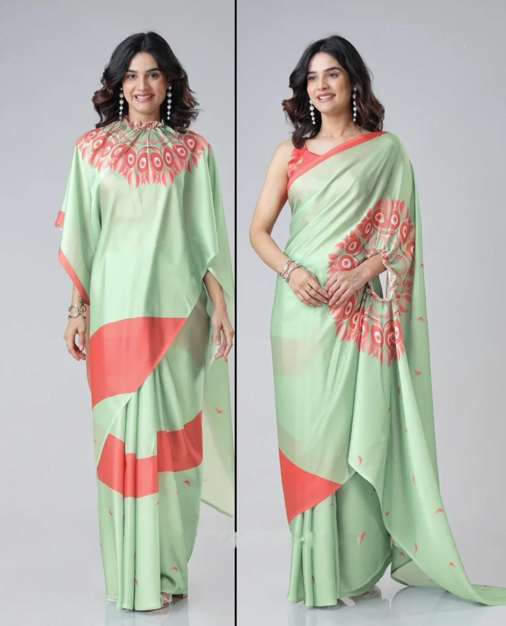 Vastrikaara Parrot Green with Orange Print Freehand Pattern Saree