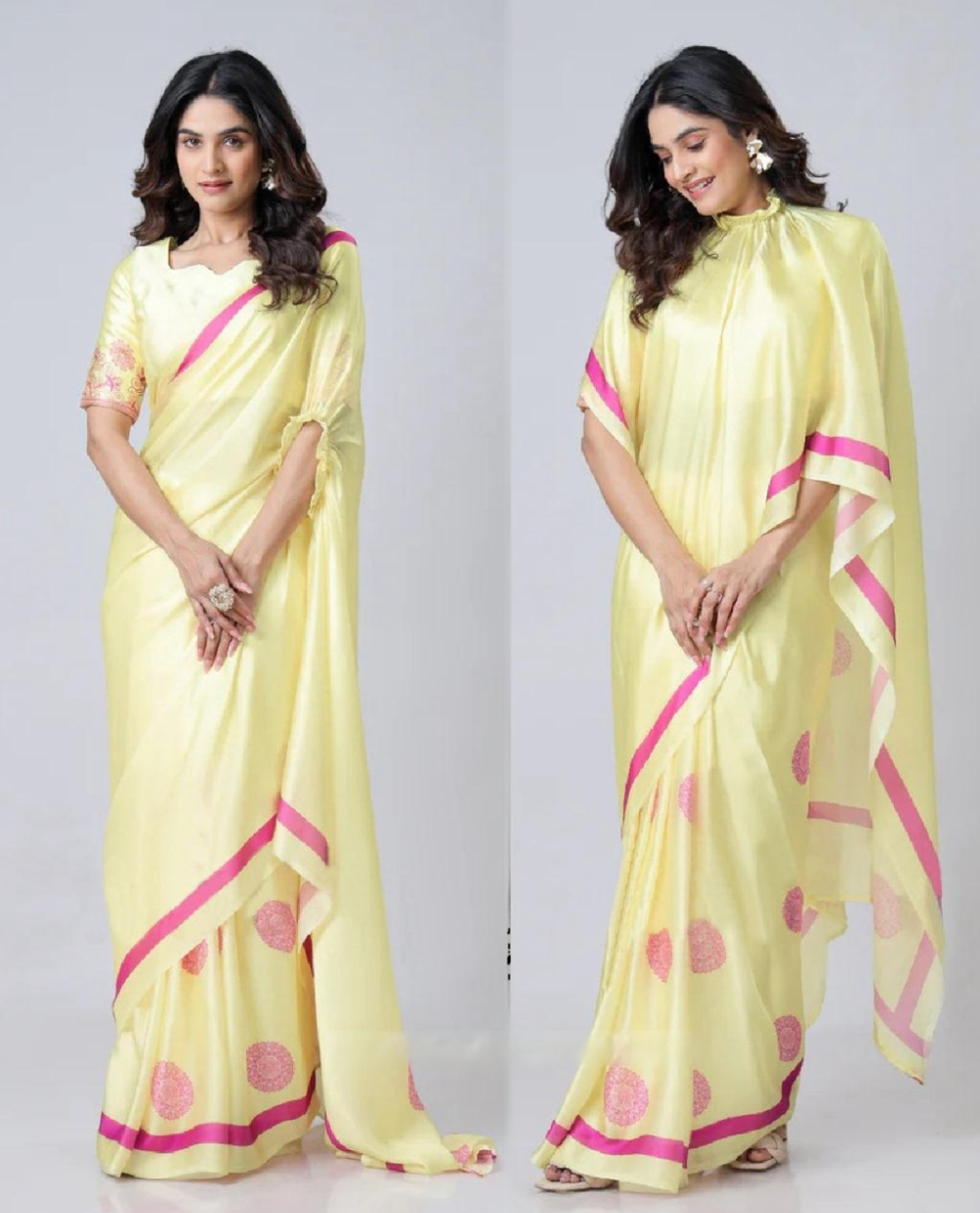 Vastrikaara Lemon Yellow with magenta Line Handsfree Designer Saree
