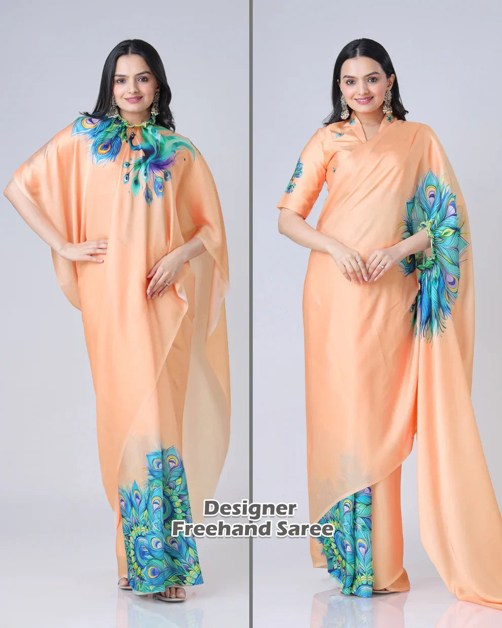 Vastrikaara Light Orange Peacock Feather Freehand Designer Saree