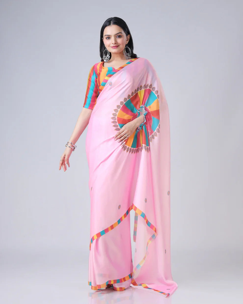 Vastrikaara Pink Ethnic Contrast Border Freehand Designer Saree
