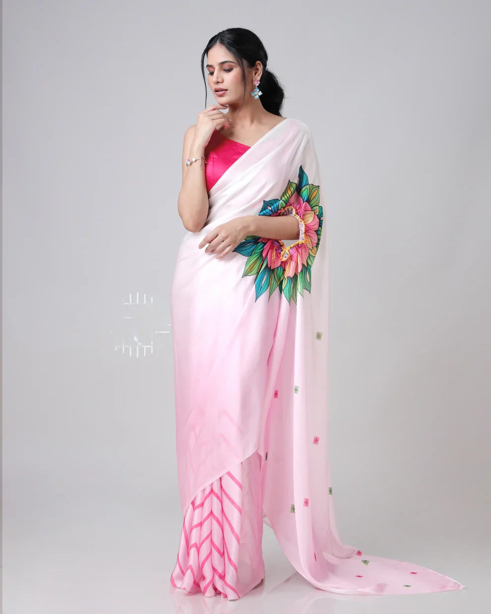 Vastrikaara Pink Chevron Floral Freehand Designer Saree