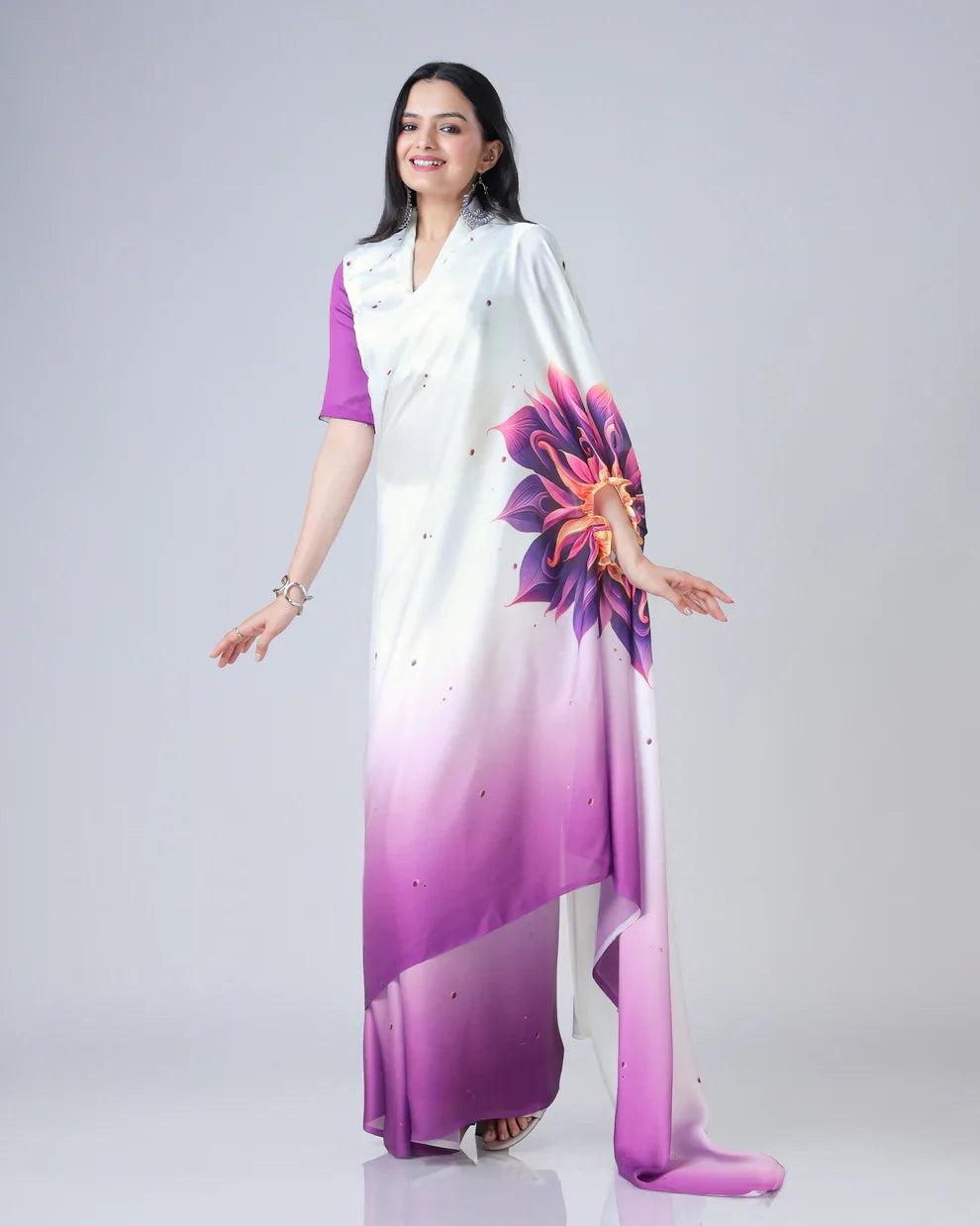 Vastrikaara Violet Touch WoW Floral Ombre Freehand Designer Saree