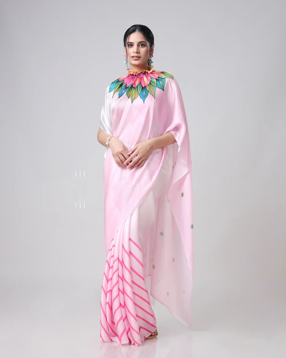 Vastrikaara Pink Chevron Floral Freehand Designer Saree