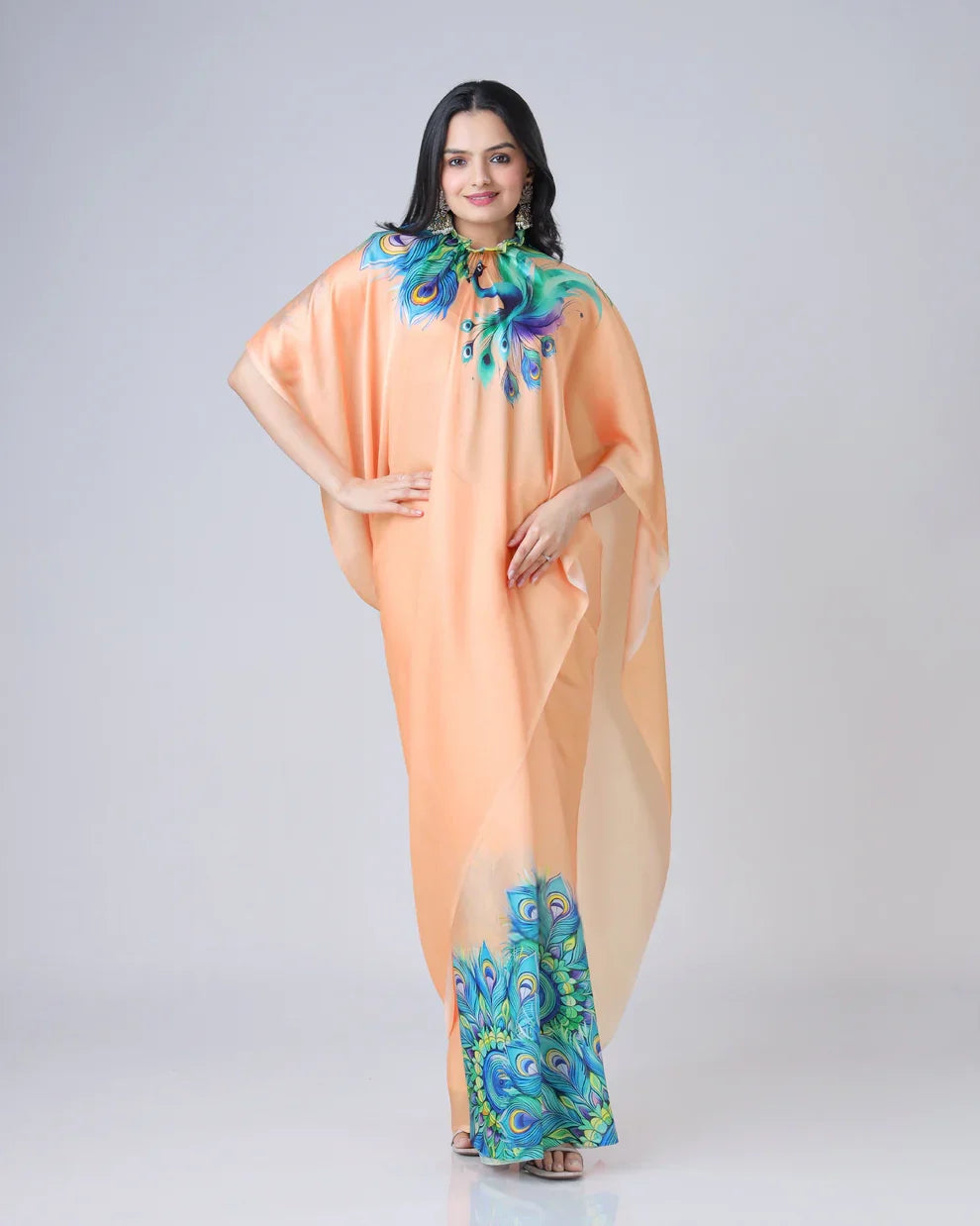 Vastrikaara Light Orange Peacock Feather Freehand Designer Saree