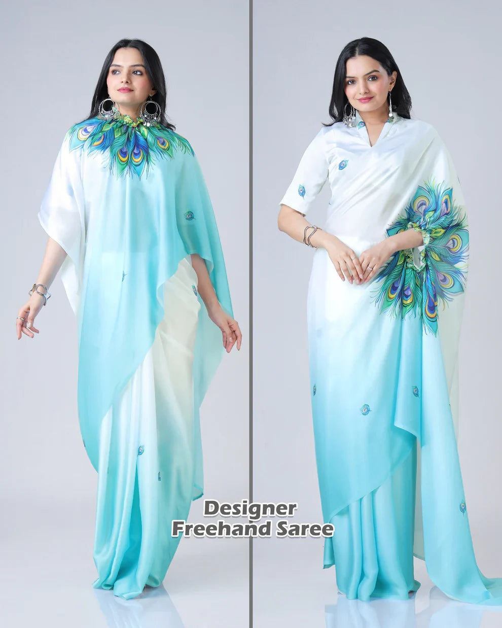 Vastrikaara Blue Feather Ombre Freehand Designer Saree