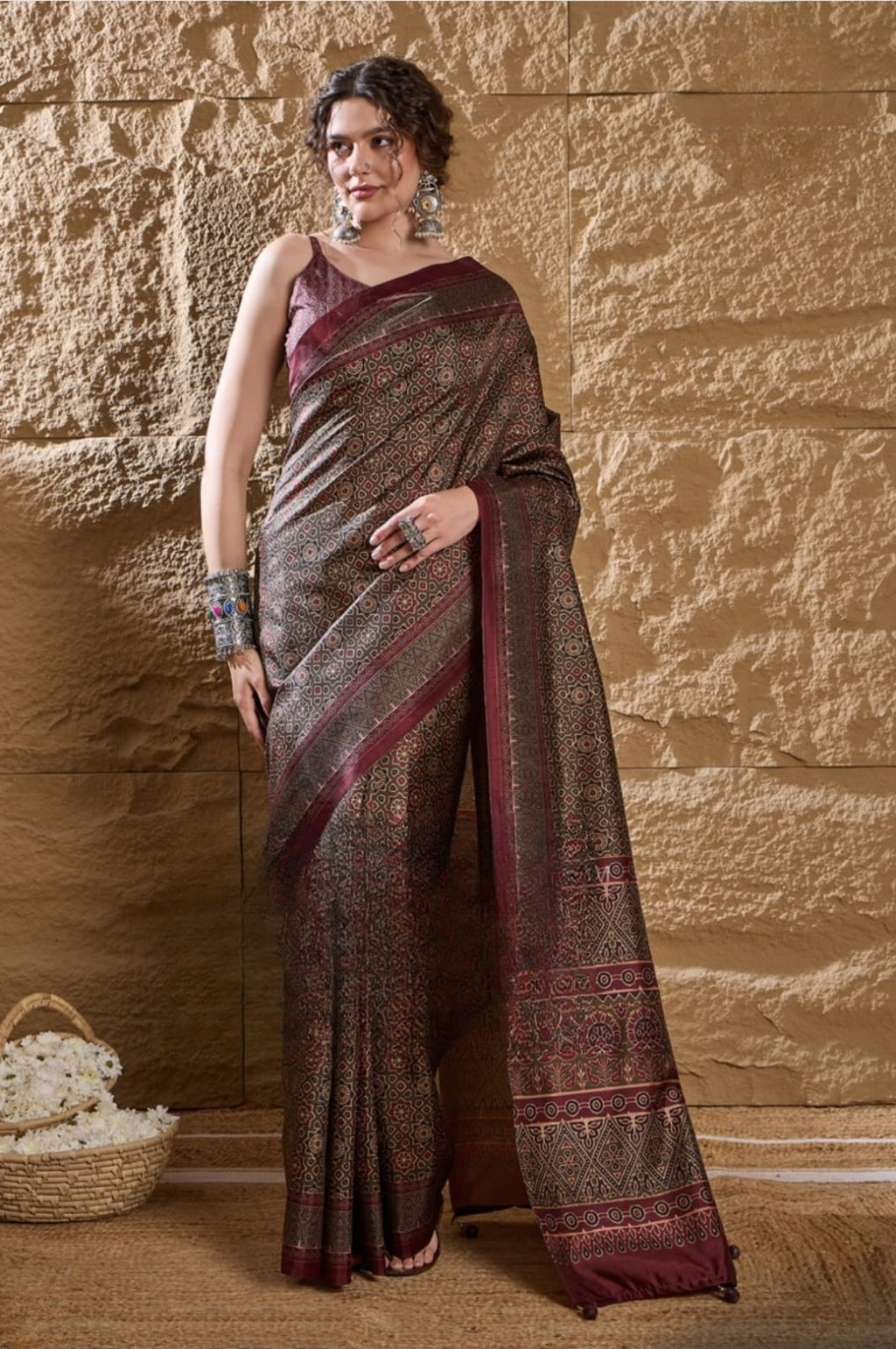 Vastrikaara Brown printed Dolphin Silk Saree