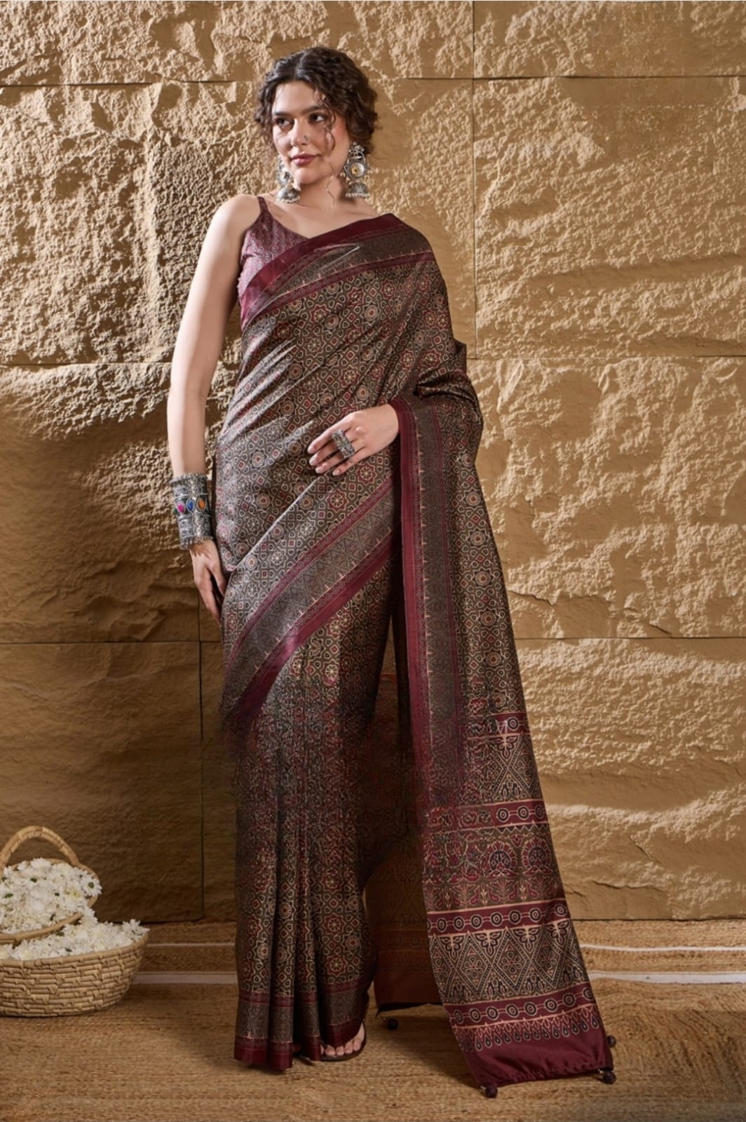 Vastrikaara Brown printed Dolphin Silk Saree