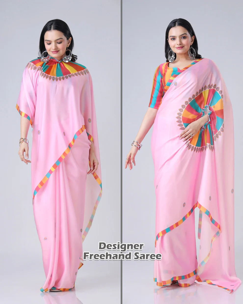 Vastrikaara Pink Ethnic Contrast Border Freehand Designer Saree