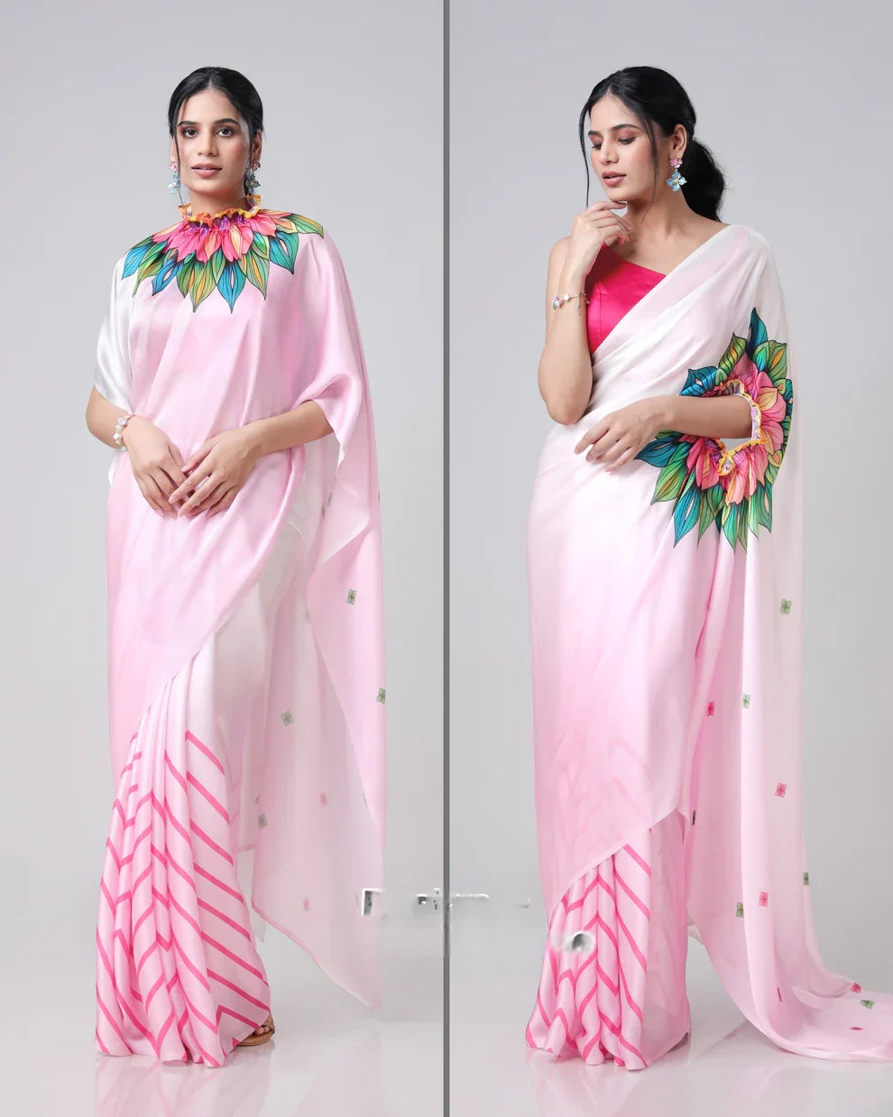 Vastrikaara Pink Chevron Floral Freehand Designer Saree