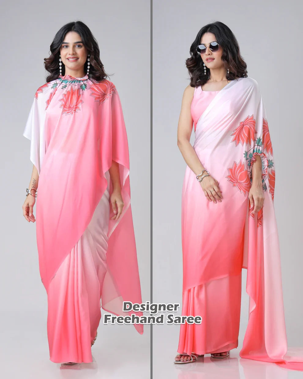 Vastrikaara Beautiful Ombre Lotus Mandalaa Print Freehand Designer Saree