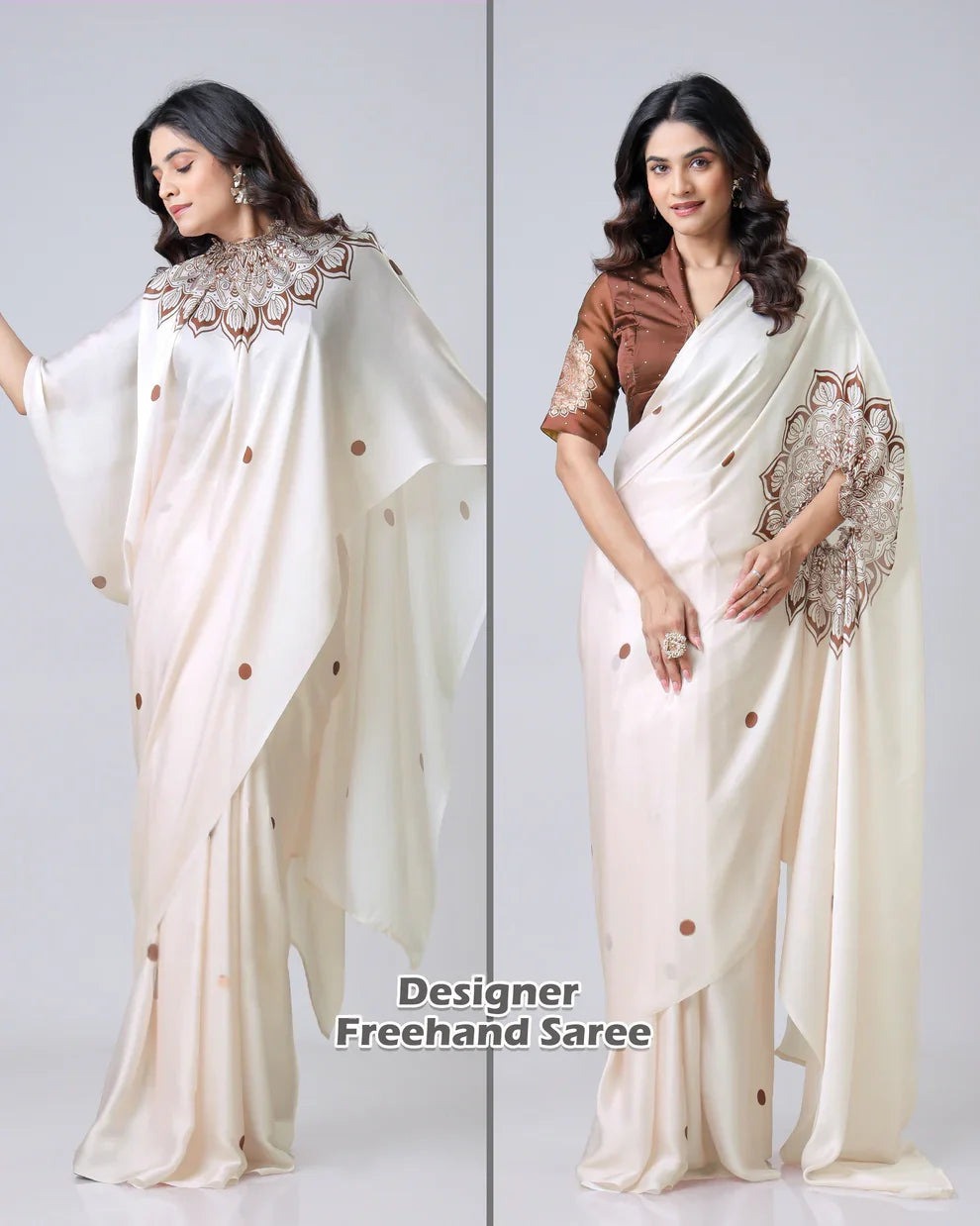 Vastrikaara Cream Mandalaaa Print Freehand Designer Saree